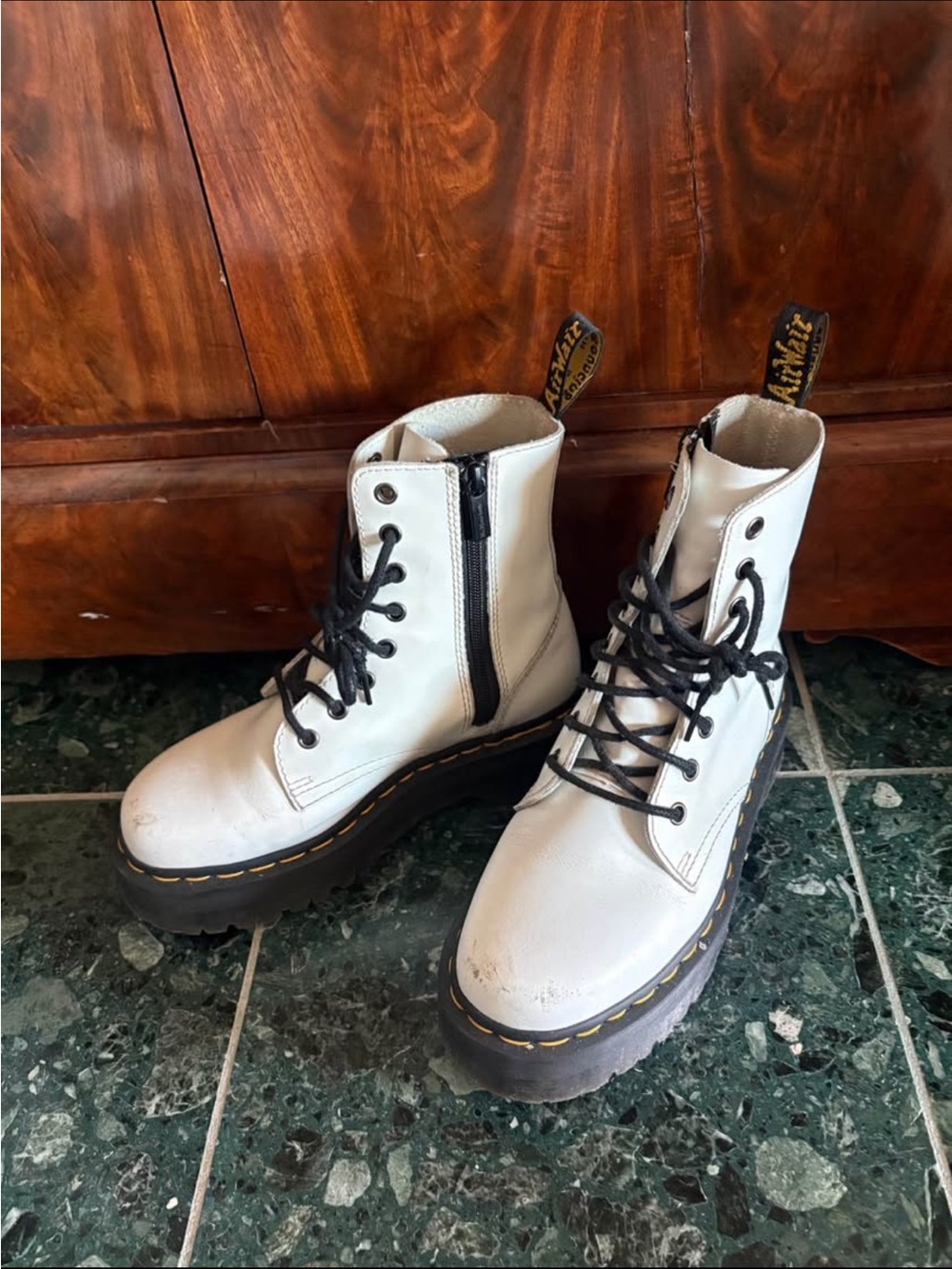White Platform Lace-Up Combat Boots with Side Zip